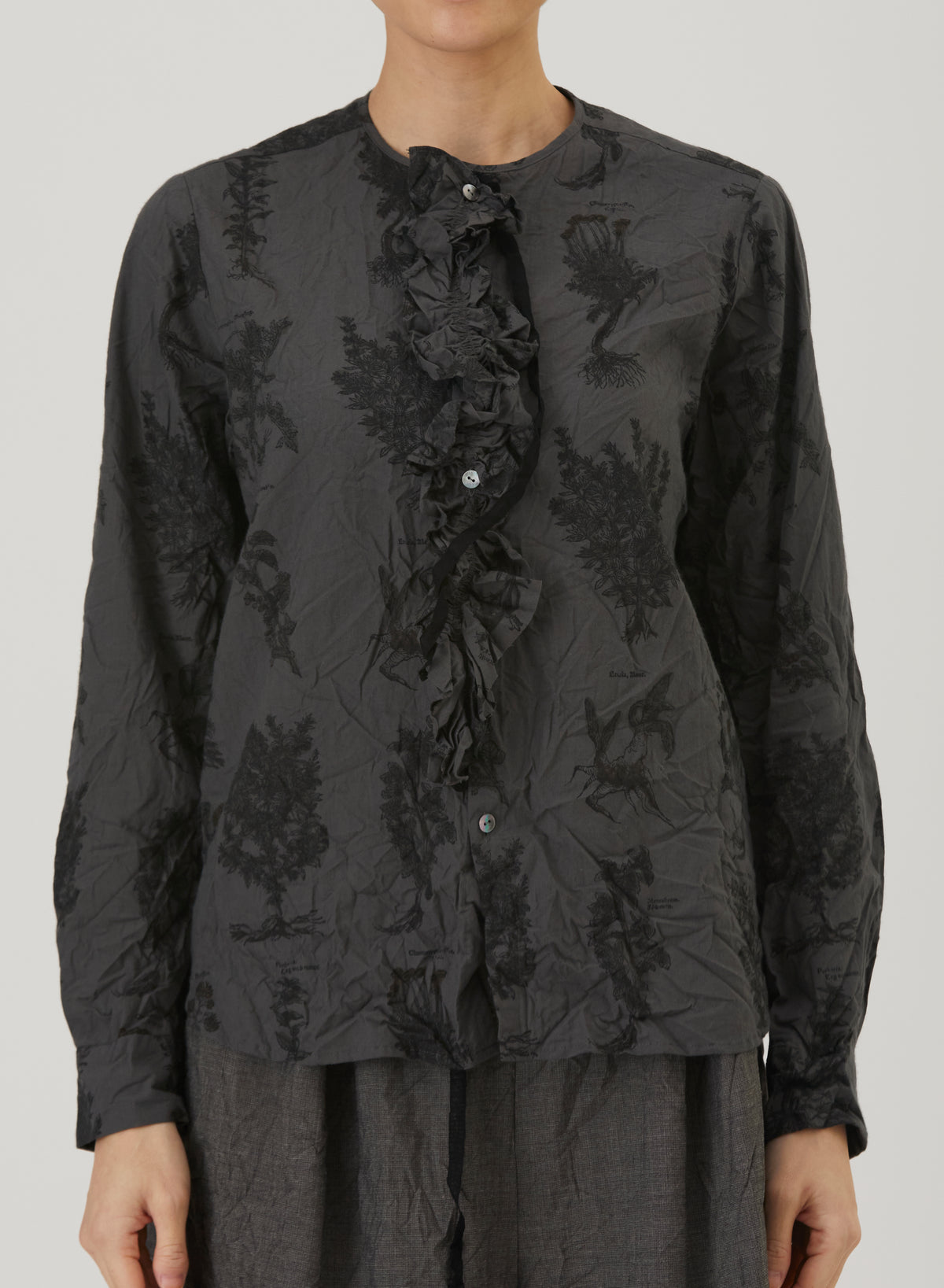 Pas De Calais Relax Herbal Print Ruffle Collarless Blouse Charcoal-Pas De Calais-Thistle Hill