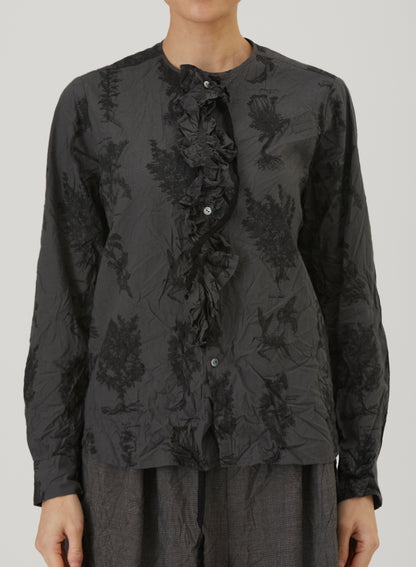 Pas De Calais Relax Herbal Print Ruffle Collarless Blouse Charcoal-Pas De Calais-Thistle Hill