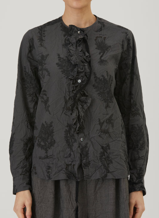 Pas De Calais Relax Herbal Print Ruffle Collarless Blouse Charcoal-Pas De Calais-Thistle Hill