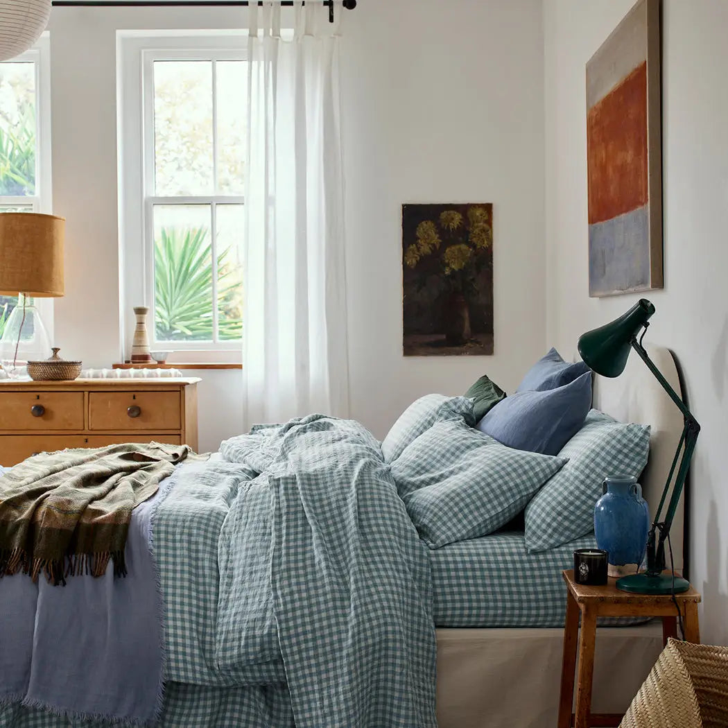 Warm Blue Gingham Linen Duvet Cover-Piglet in Bed-Thistle Hill