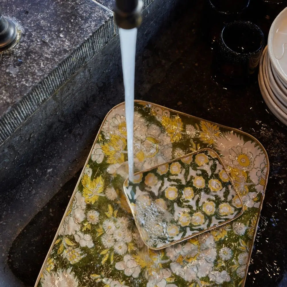 Enameled Flowered Metal Tray Isha Green-Thistle Hill-Thistle Hill