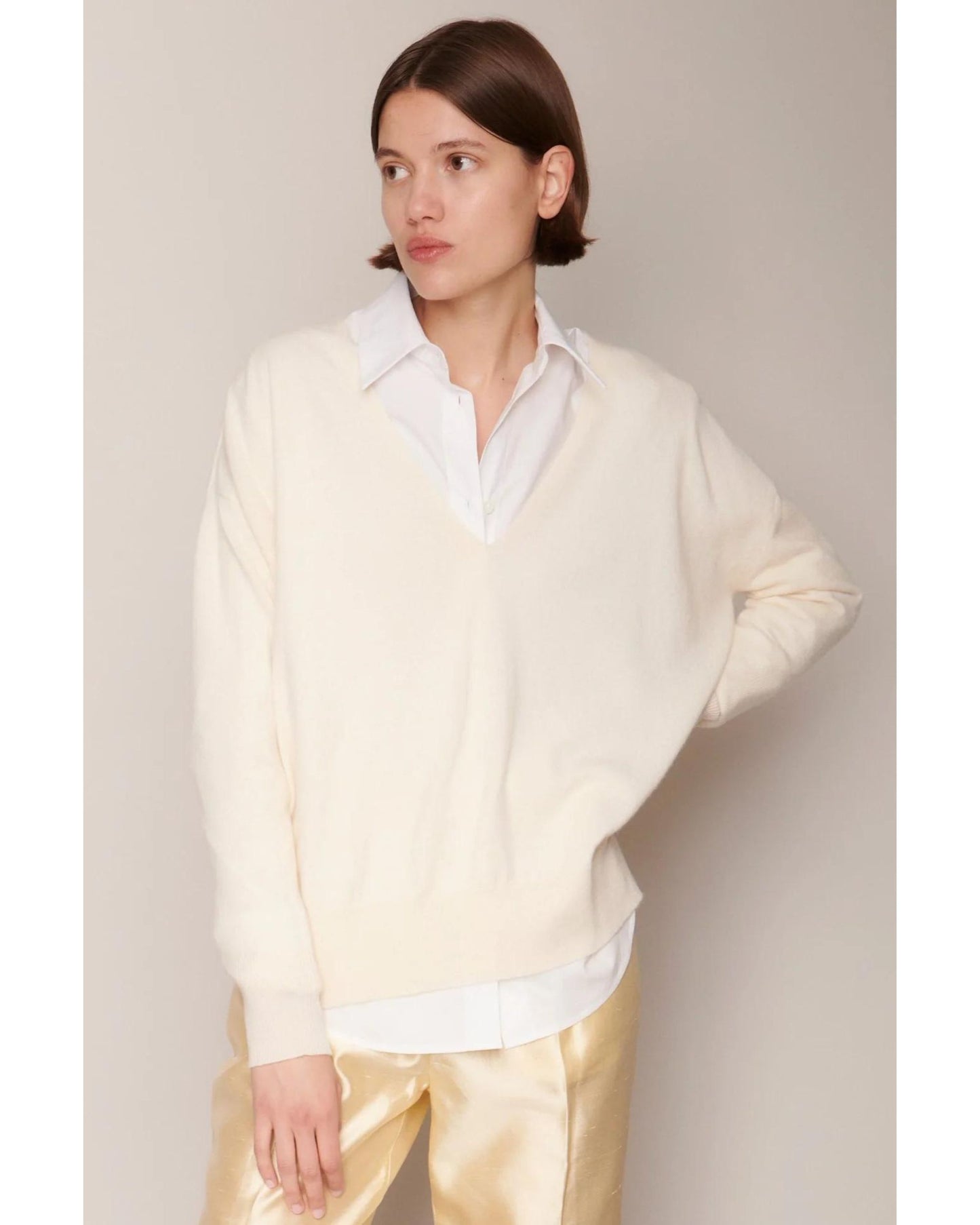 Organic by John Patrick Ada V Neck 100% Undyed Cashmere Paper White