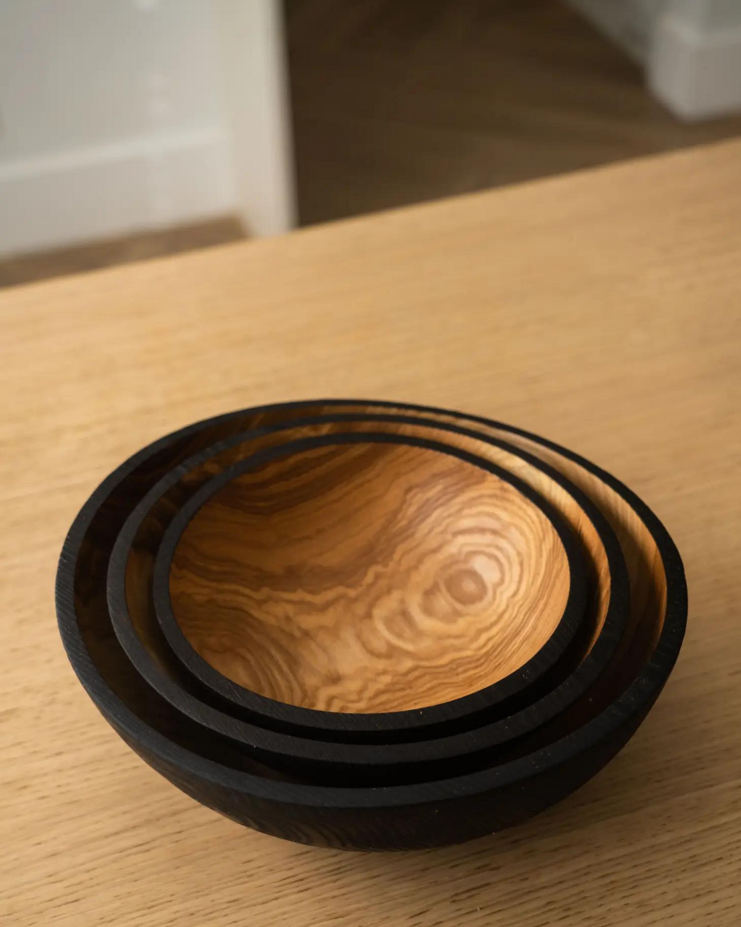Hand-Carved  Charred Wooden Nesting Bowl Set