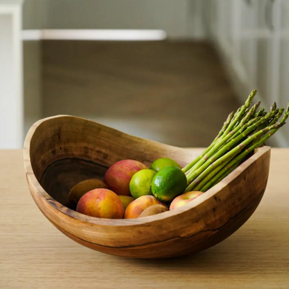 Hand-Carved Oblong Walnut Fruit Bowl