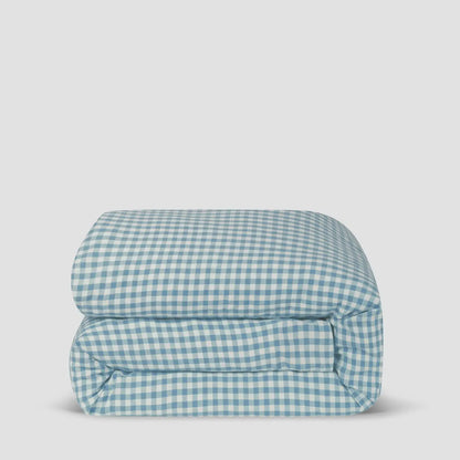 Warm Blue Gingham Linen Duvet Cover-Piglet in Bed-Thistle Hill