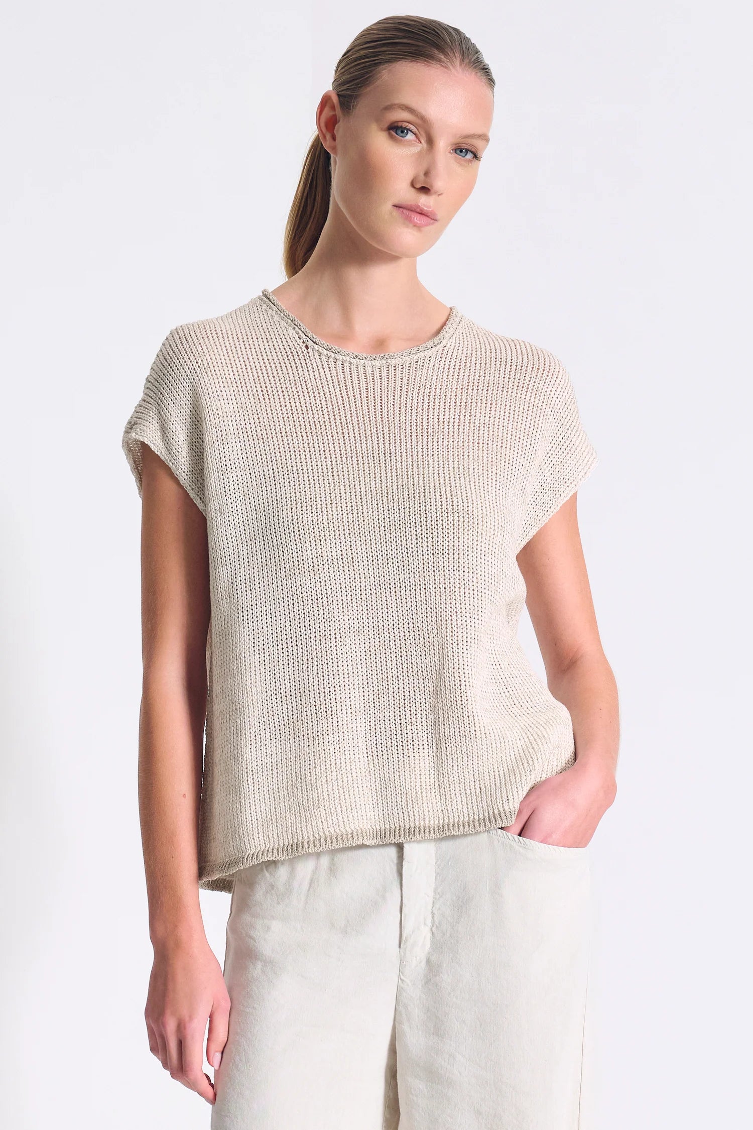 Transit Boxy Shape T-shirt in Cotton-Linen Blend Melange Knit Ribbon Rope Melange-Transit-Thistle Hill