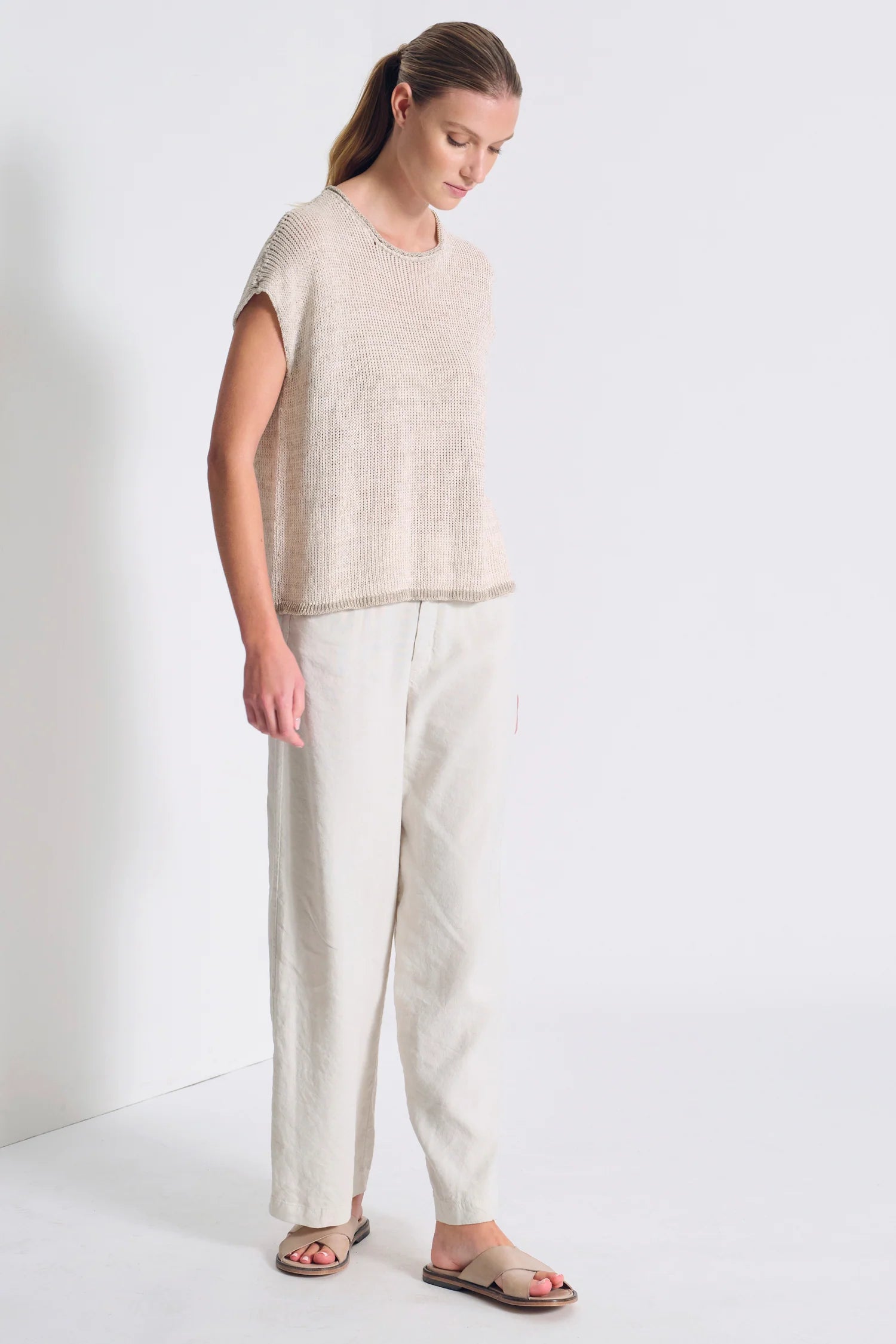 Transit Boxy Shape T-shirt in Cotton-Linen Blend Melange Knit Ribbon Rope Melange-Transit-Thistle Hill