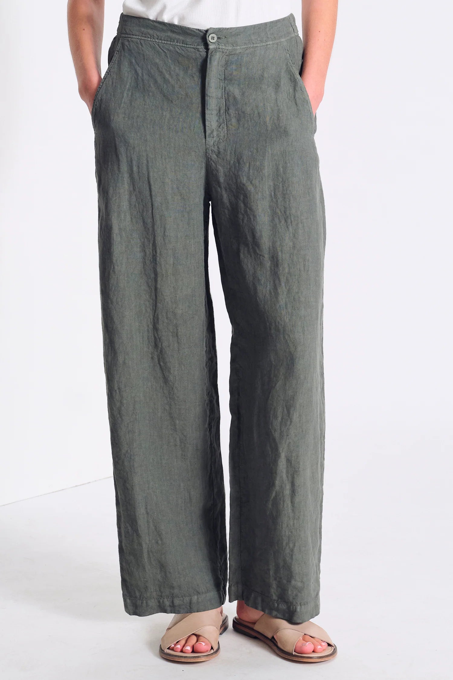 Transit Comfort Fit Linen Trousers with Elastic Waistband at the Back and Fake Welt Pockets Green-Transit-Thistle Hill