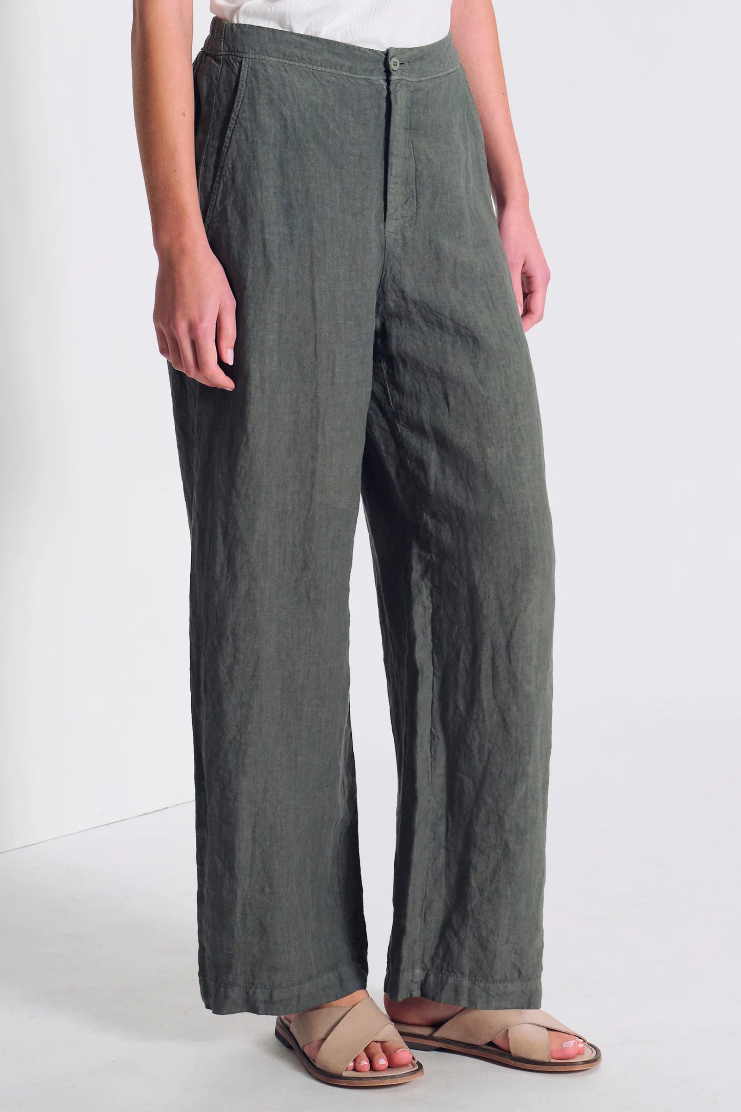 Transit Comfort Fit Linen Trousers with Elastic Waistband at the Back and Fake Welt Pockets Green-Transit-Thistle Hill