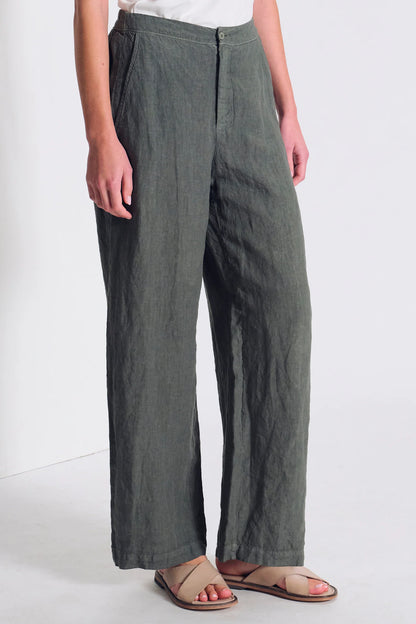 Transit Comfort Fit Linen Trousers with Elastic Waistband at the Back and Fake Welt Pockets Green-Transit-Thistle Hill