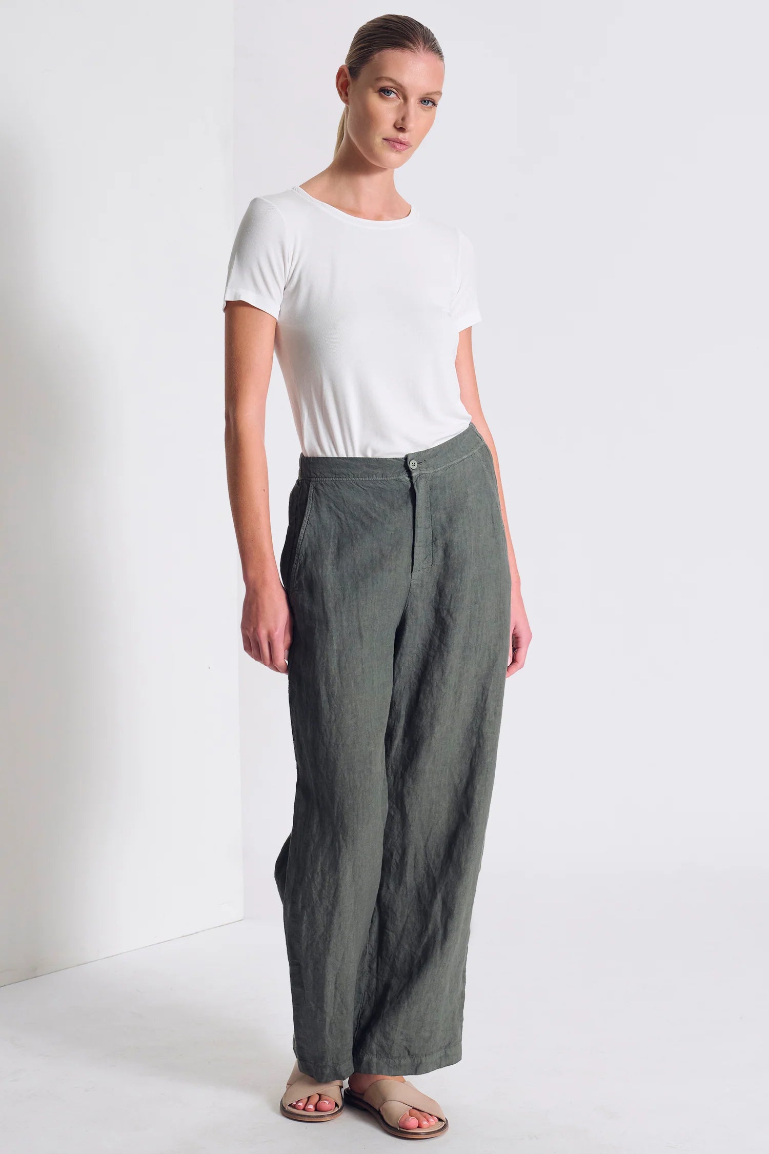 Transit Comfort Fit Linen Trousers with Elastic Waistband at the Back and Fake Welt Pockets Green-Transit-Thistle Hill