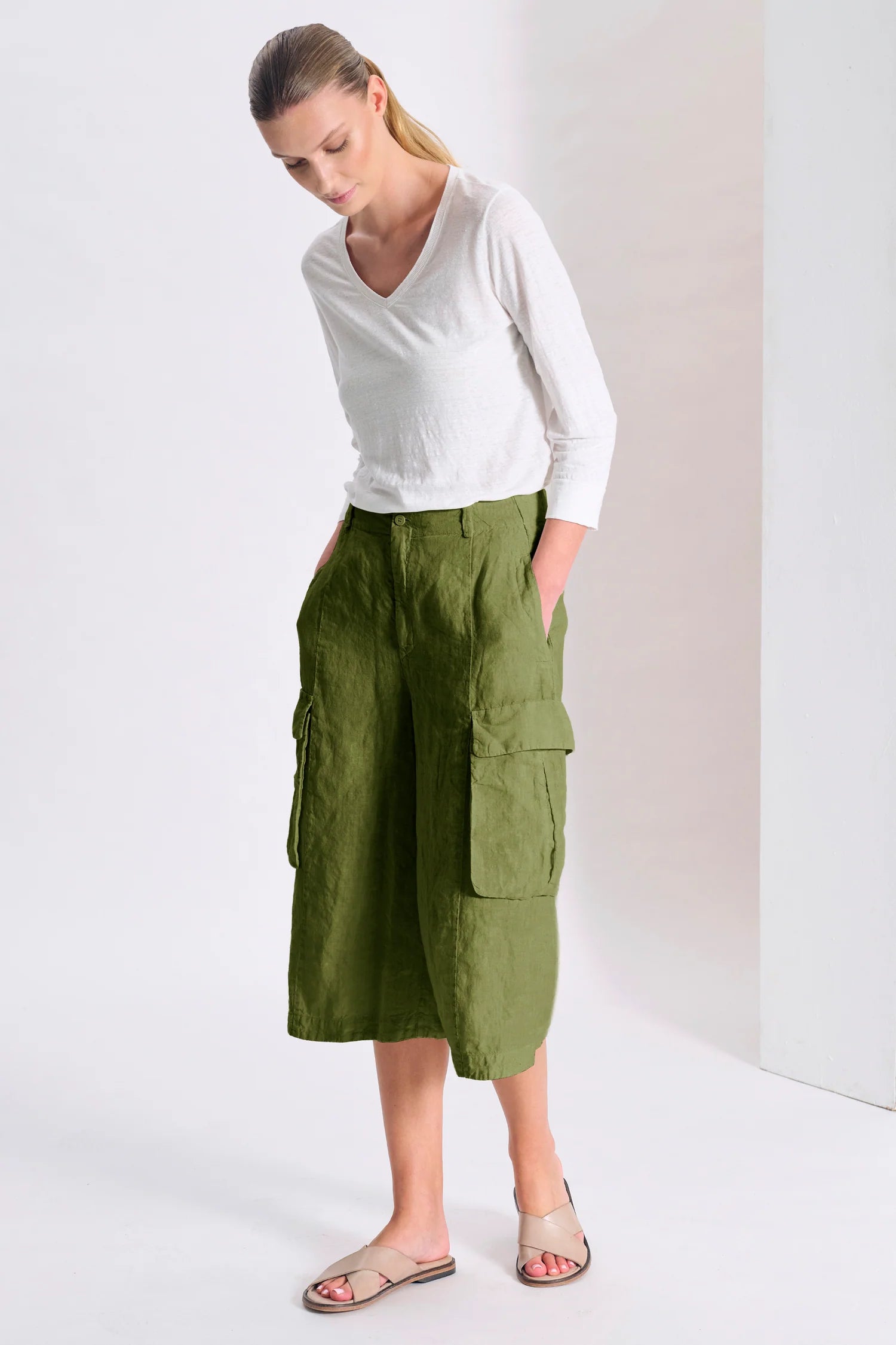 Transit Long, Wide-Leg, Linen Bermuda Shorts with Pockets Olive-Transit-Thistle Hill