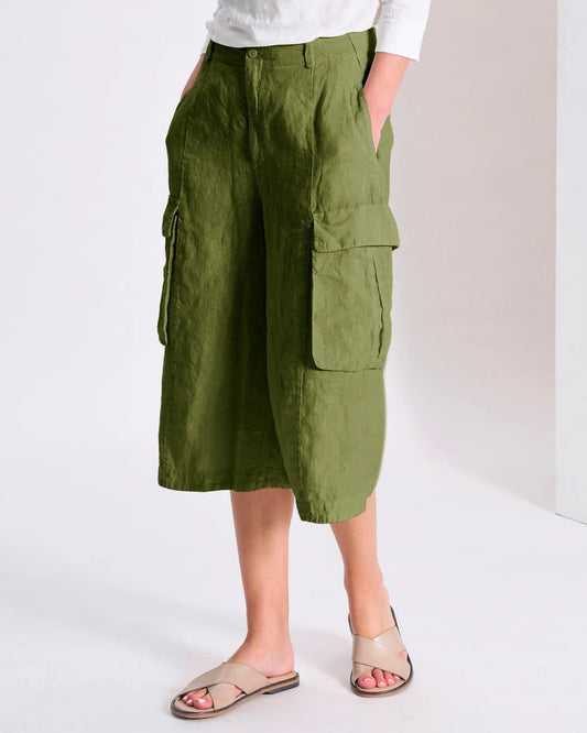 Transit Long, Wide-Leg, Linen Bermuda Shorts with Pockets Olive-Transit-Thistle Hill