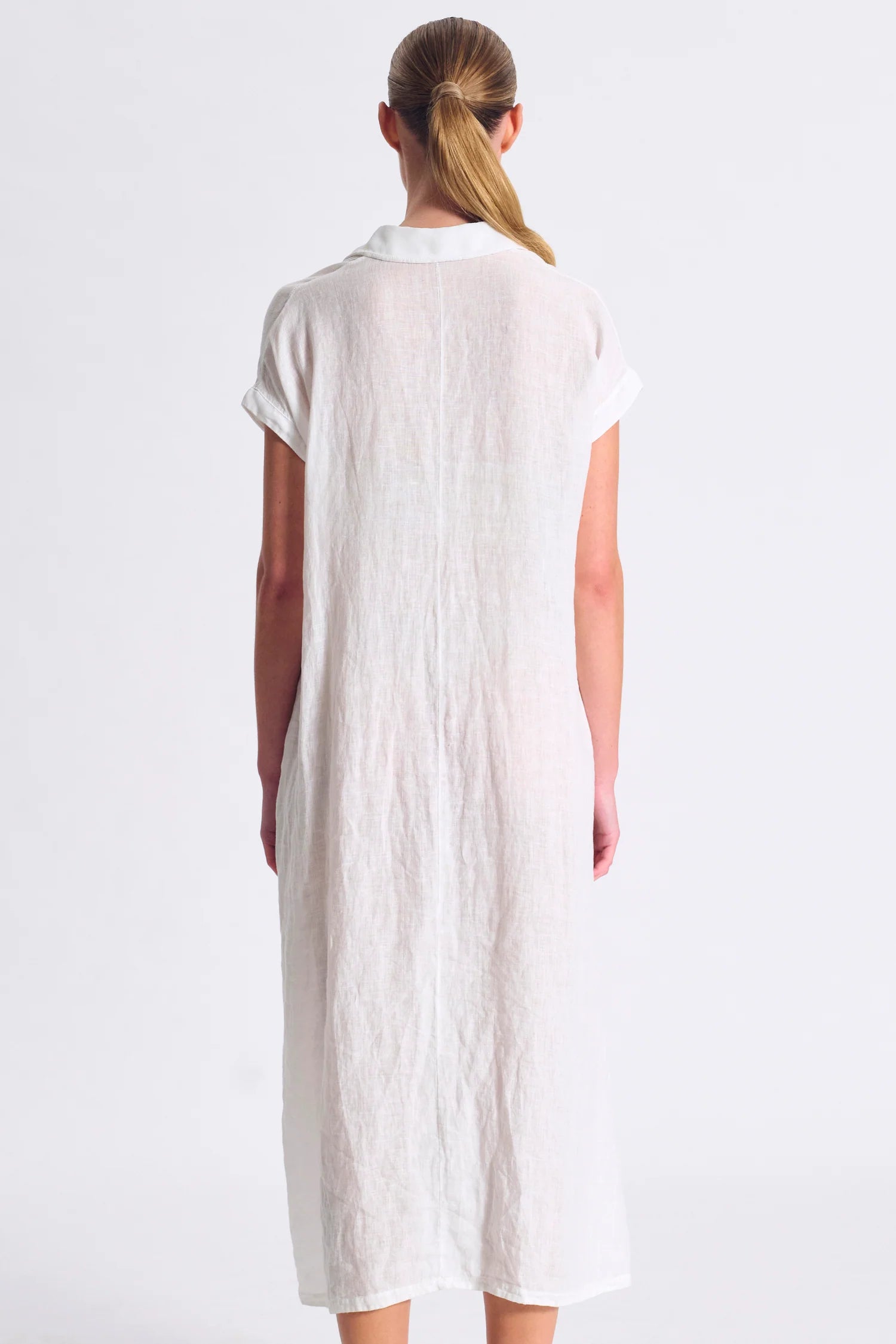 Transit Long Straight-Line Linen Dress with Front Buttoning and Viscose Georgette Inserts White-Transit-Thistle Hill