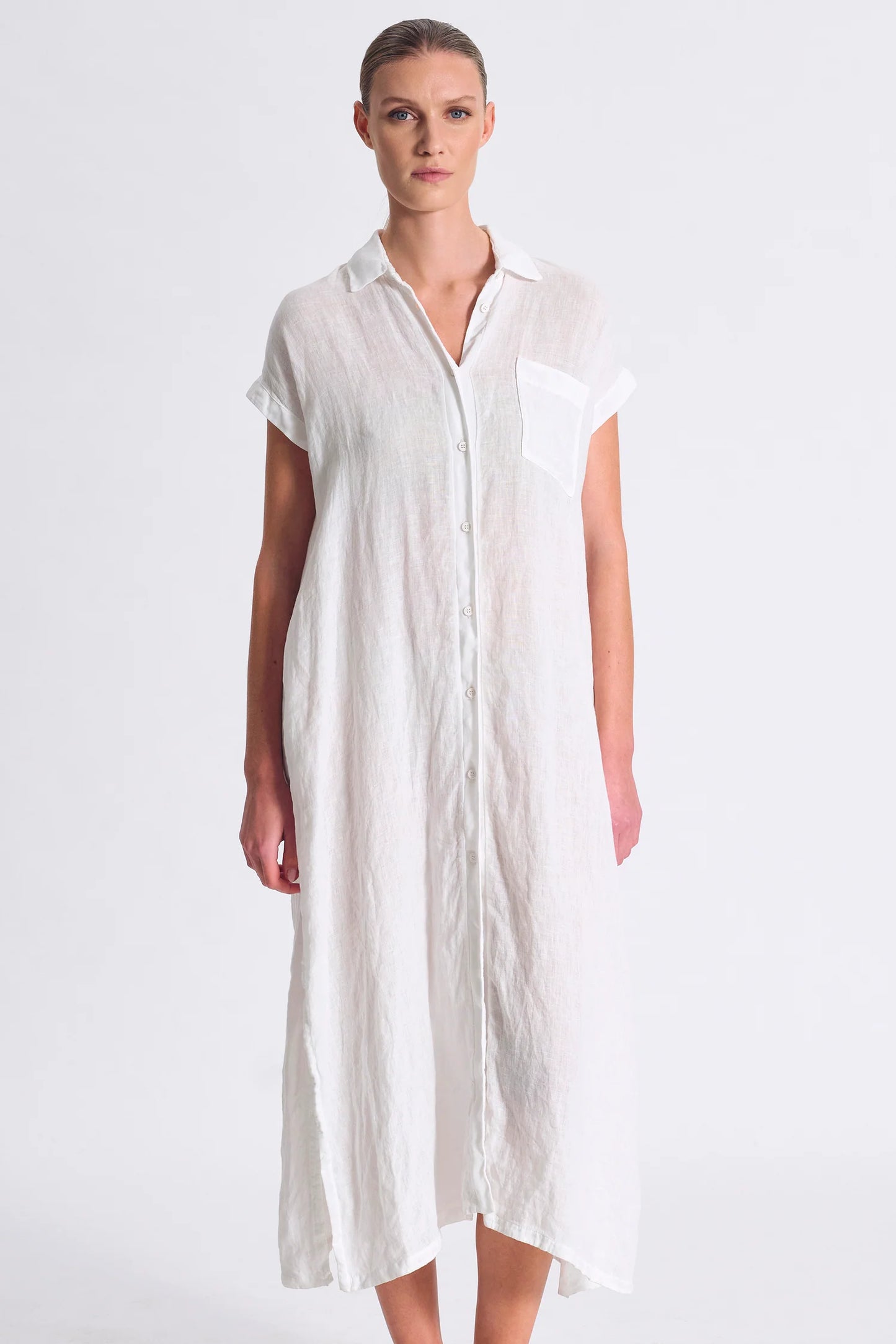 Transit Long Straight-Line Linen Dress with Front Buttoning and Viscose Georgette Inserts White-Transit-Thistle Hill