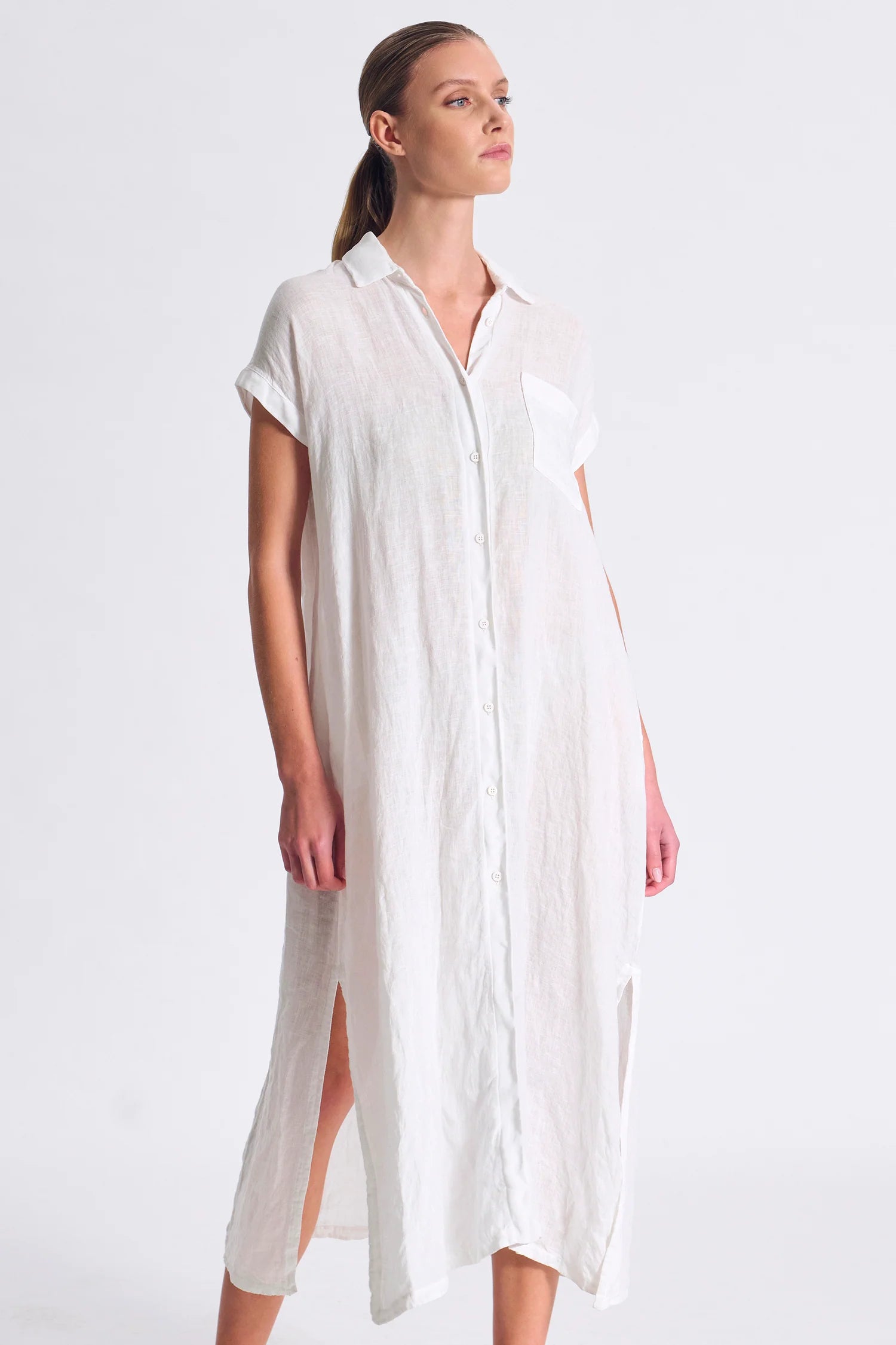 Transit Long Straight-Line Linen Dress with Front Buttoning and Viscose Georgette Inserts White-Transit-Thistle Hill