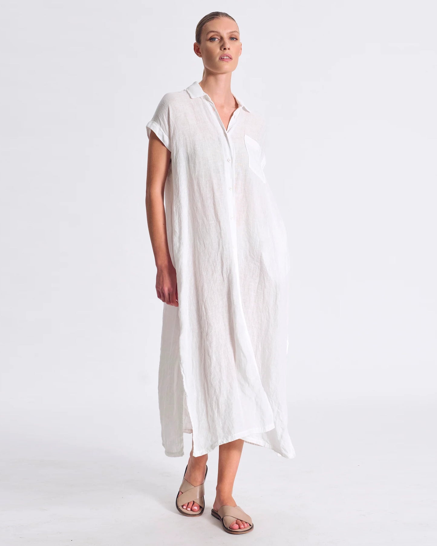Transit Long Straight-Line Linen Dress with Front Buttoning and Viscose Georgette Inserts White-Transit-Thistle Hill