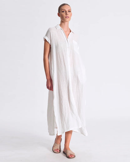 Transit Long Straight-Line Linen Dress with Front Buttoning and Viscose Georgette Inserts White-Transit-Thistle Hill