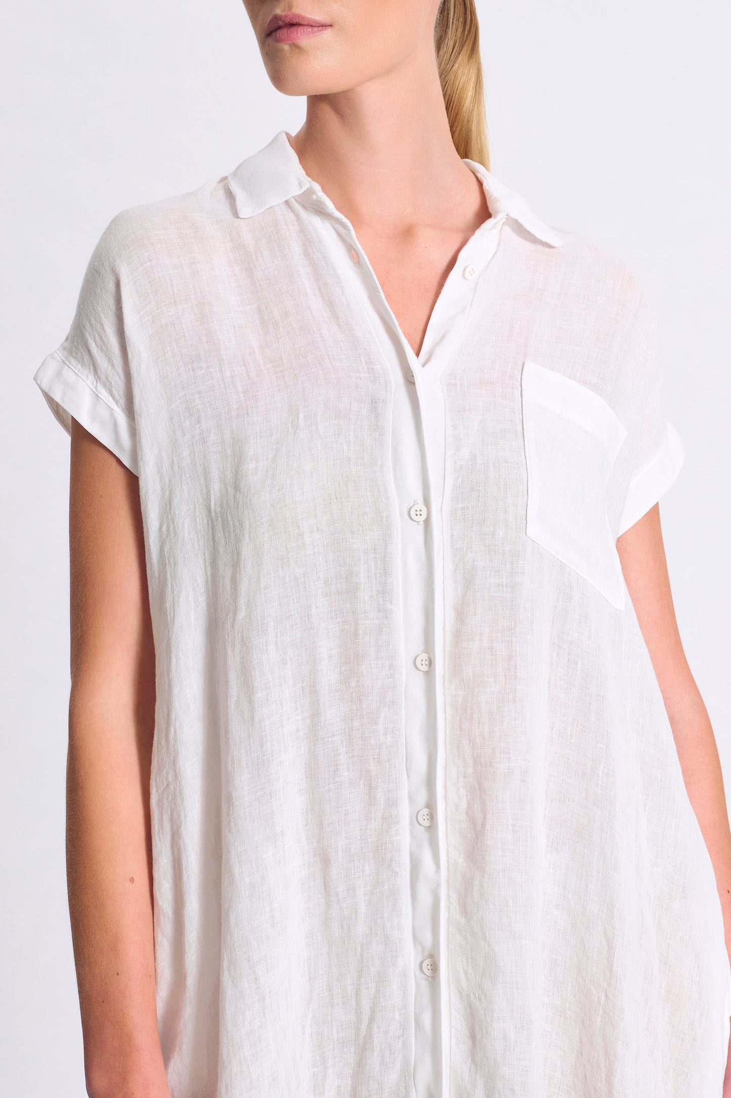 Transit Long Straight-Line Linen Dress with Front Buttoning and Viscose Georgette Inserts White-Transit-Thistle Hill