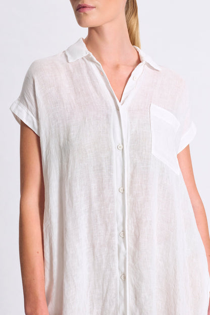 Transit Long Straight-Line Linen Dress with Front Buttoning and Viscose Georgette Inserts White-Transit-Thistle Hill