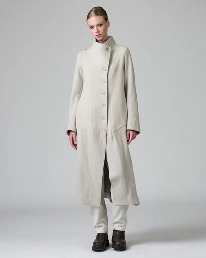 Transit Long Slim Fit Coat with High Collar in Stone & Nut Herringbone-Transit-Thistle Hill