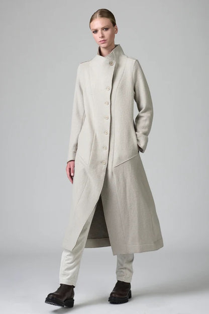 Transit Long Slim Fit Coat with High Collar in Stone & Nut Herringbone-Transit-Thistle Hill