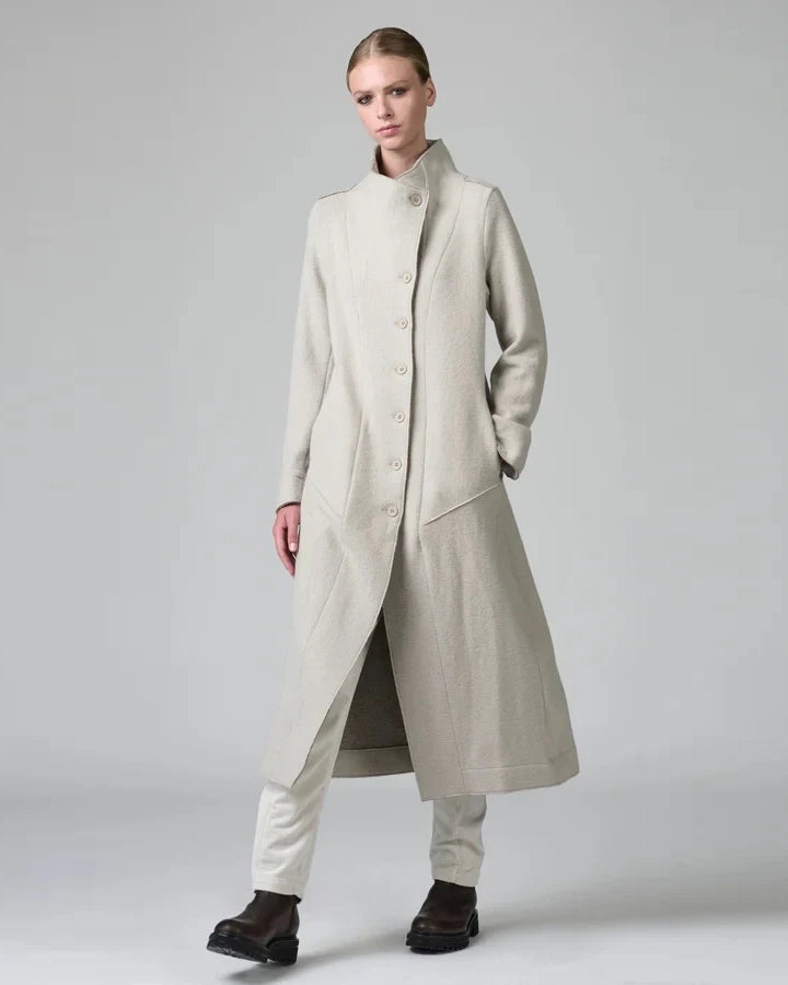 Transit Long Slim Fit Coat with High Collar in Stone & Nut Herringbone-Transit-Thistle Hill