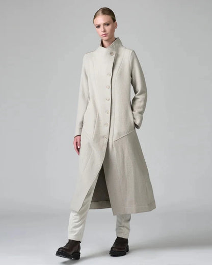Transit Long Slim Fit Coat with High Collar in Stone & Nut Herringbone-Transit-Thistle Hill