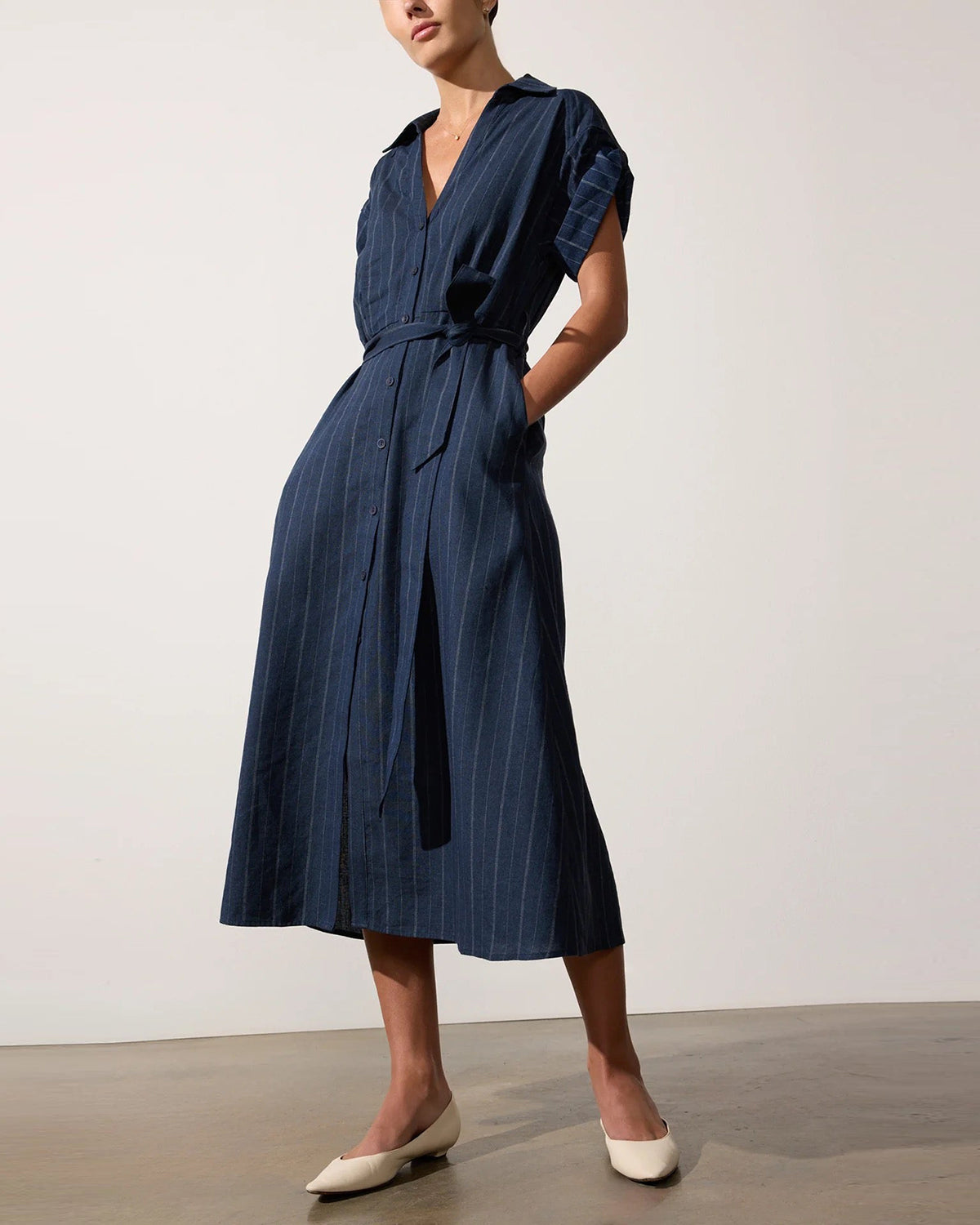 Brochu Walker Fia Belted Navy Pinstripe Dress-Brochu Walker-Thistle Hill