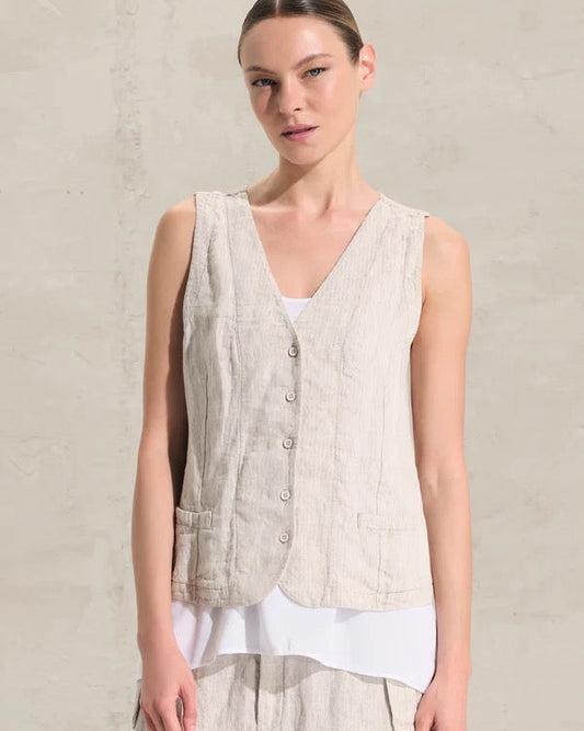 Transit Striped Linen and Cupro Gilet Sand-Transit-Thistle Hill