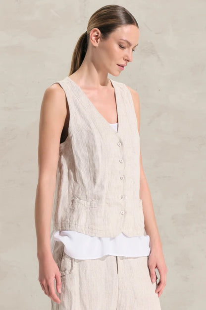 Transit Striped Linen and Cupro Gilet Sand-Transit-Thistle Hill