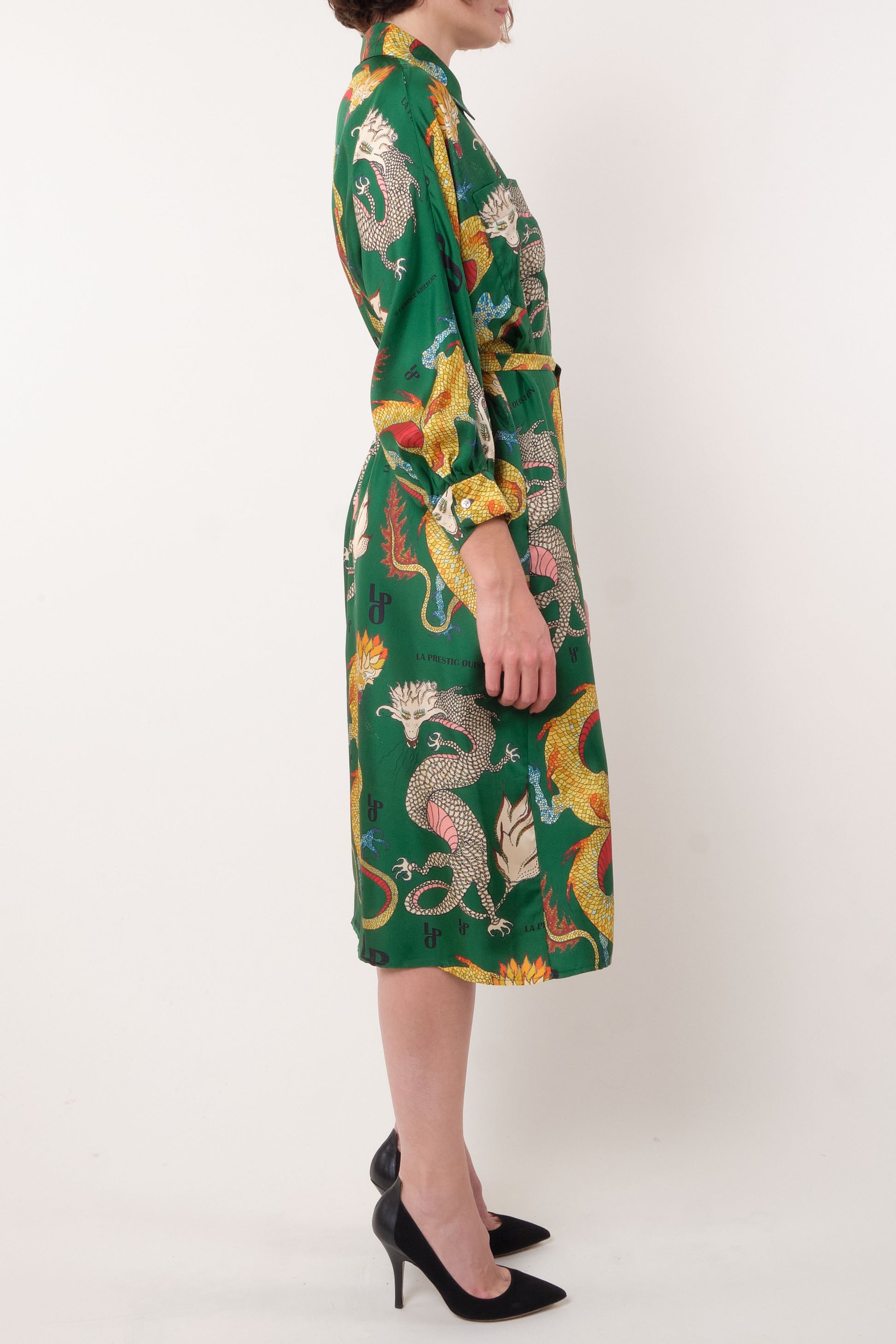 La Prestic Ouiston Green Dragon Silk Shirt Dress 0 La Prestic Ouiston Green Dragon Silk Shirt Dress 0
