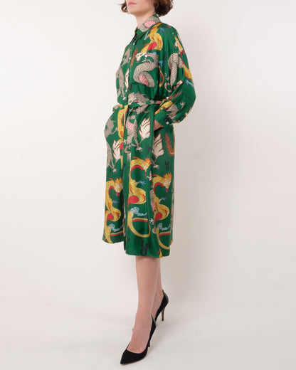 La Prestic Ouiston Green Dragon Silk Shirt Dress