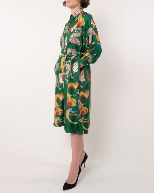 La Prestic Ouiston Green Dragon Silk Shirt Dress