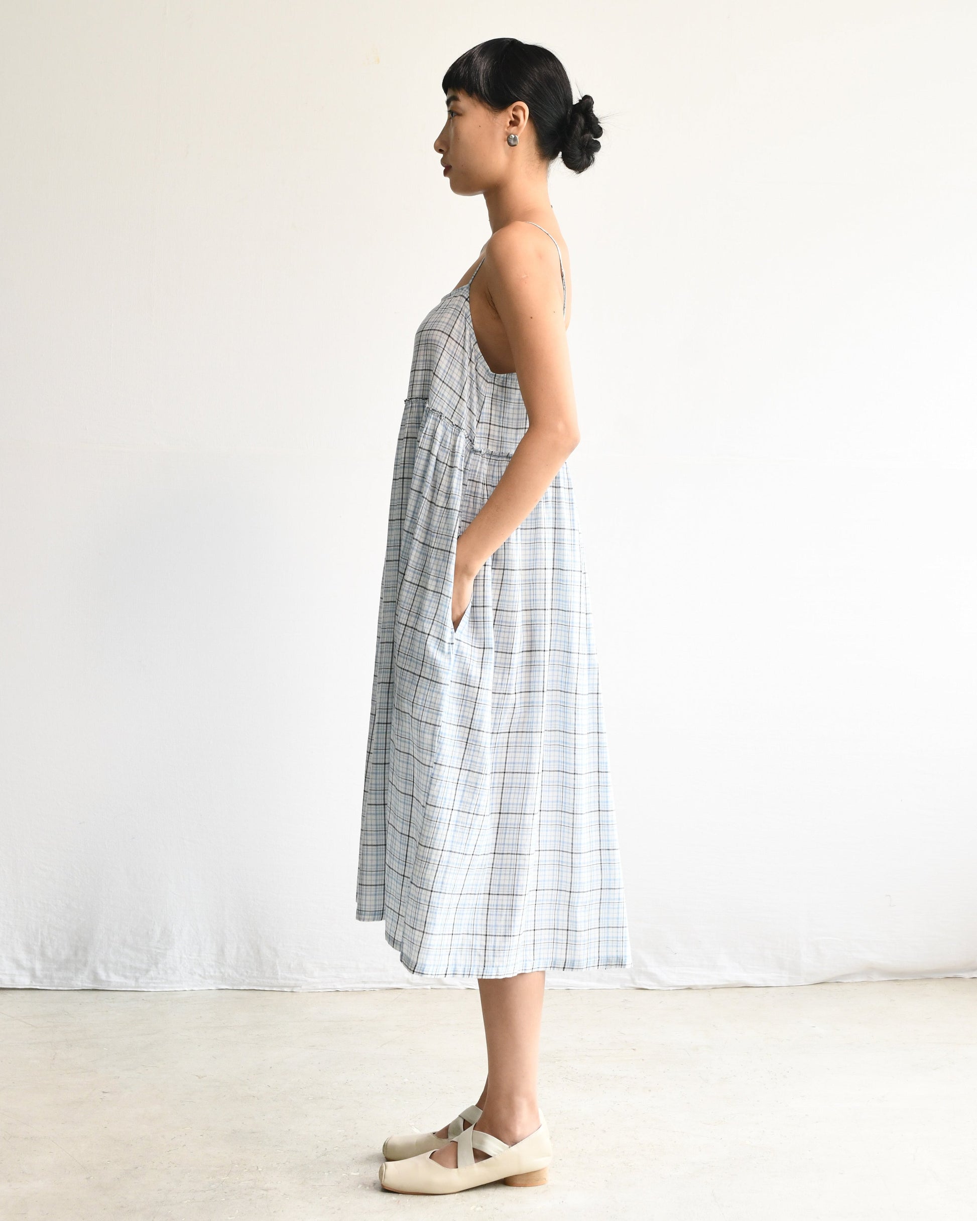 Maku Handwoven Gathered Slip Dress Blue Plaid Large
