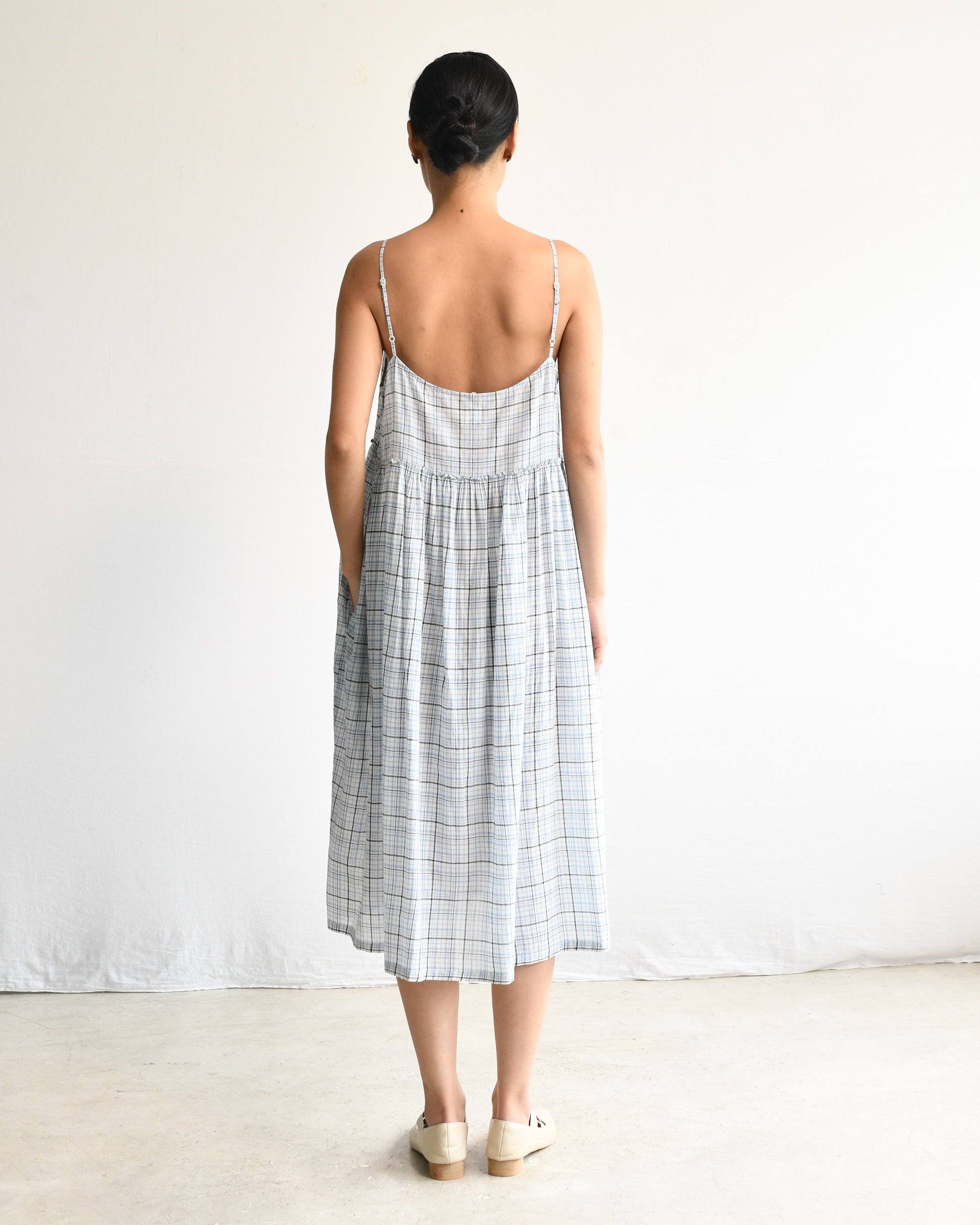 Maku Handwoven Gathered Slip Dress Blue Plaid Large