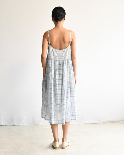 Maku Handwoven Gathered Slip Dress Blue Plaid-Maku-Thistle Hill