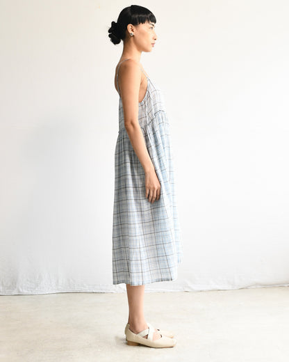Maku Handwoven Gathered Slip Dress Blue Plaid-Maku-Thistle Hill