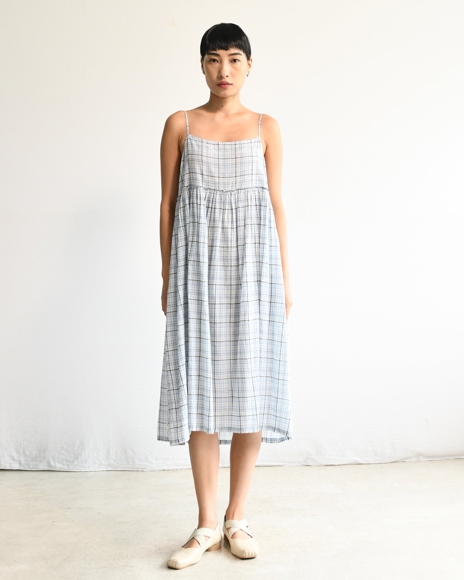 Maku Handwoven Gathered Slip Dress Blue Plaid Large