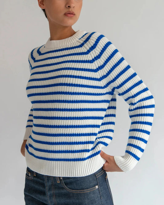 Demylee Phoebe Stripe Cotton Sweater Off White + Blue-Demylee-Thistle Hill