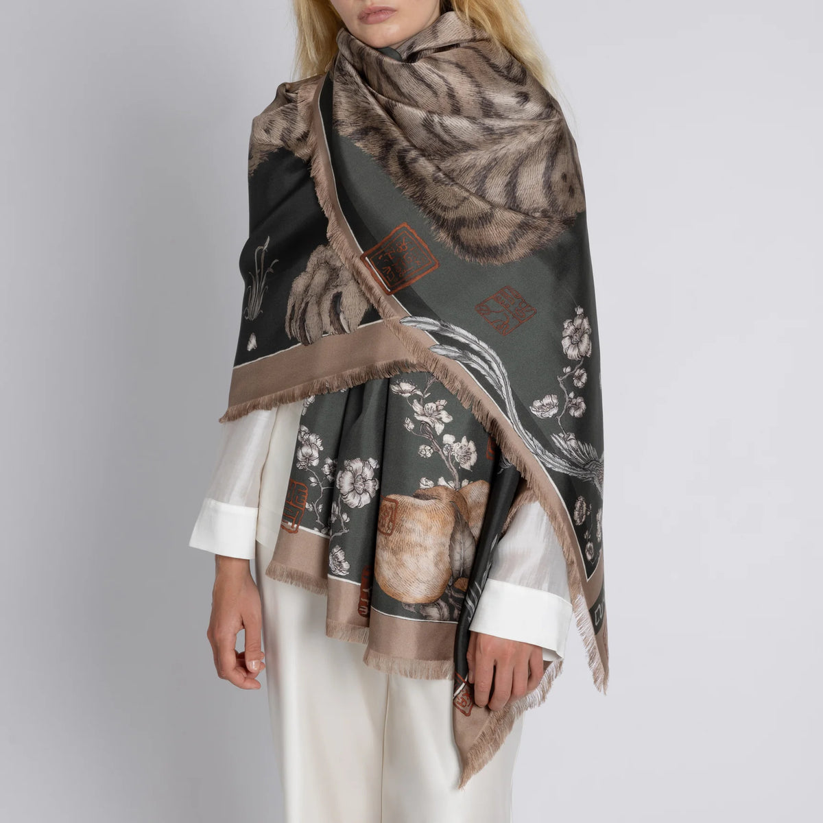 Sabina Savage Zouyu, Cry The Deer Silk Twill Rectangle Fir & Fawn-Sabina Savage-Thistle Hill