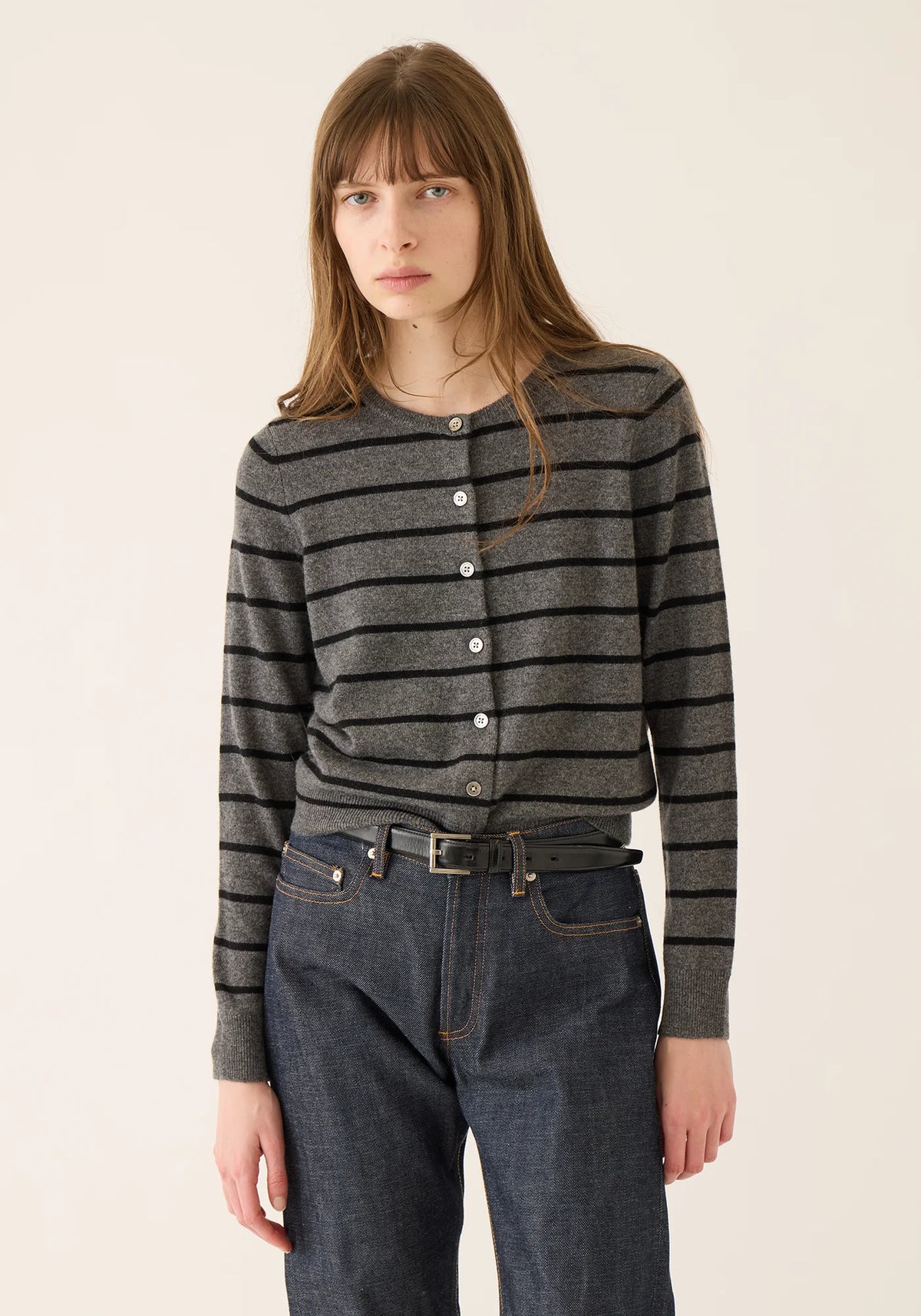 Demylee Ava Stripe Cashmere Cardigan Dark Heather Grey & Black-Demylee-Thistle Hill