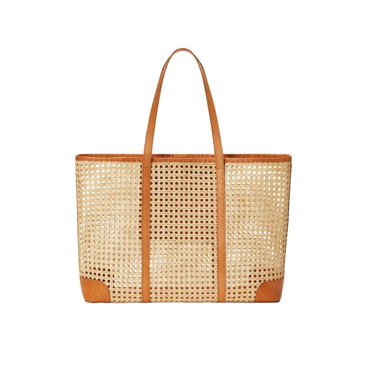 Mia Woven Cane and Leather Tote