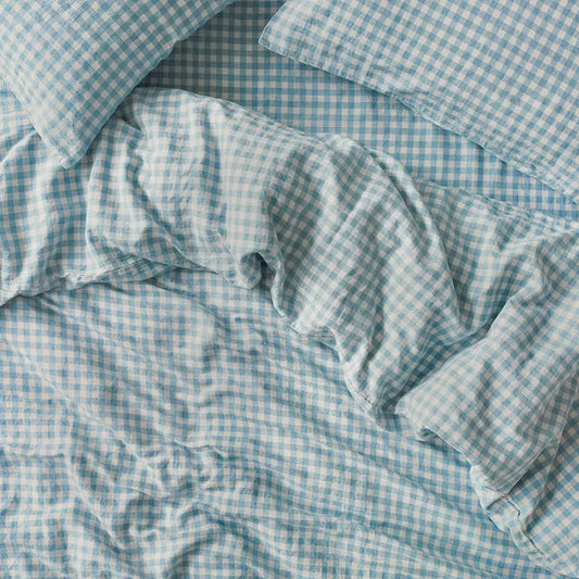 Warm Blue Gingham Linen Duvet Cover-Piglet in Bed-Thistle Hill