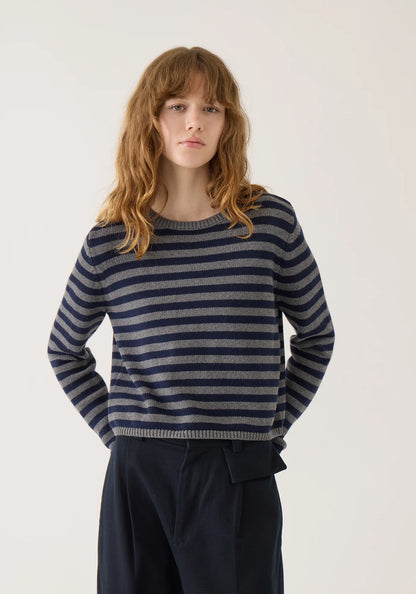 Demylee Melina Stripe Cotton Cashmere Sweater Dark Heather Grey & Navy-Demylee-Thistle Hill