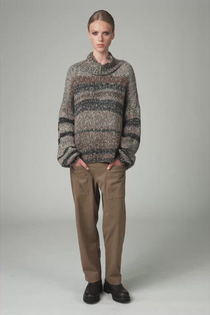 Transit High-Necked Oversize Knit with Dropped Shoulder in Alpaca Blend with Two-Tone Banding