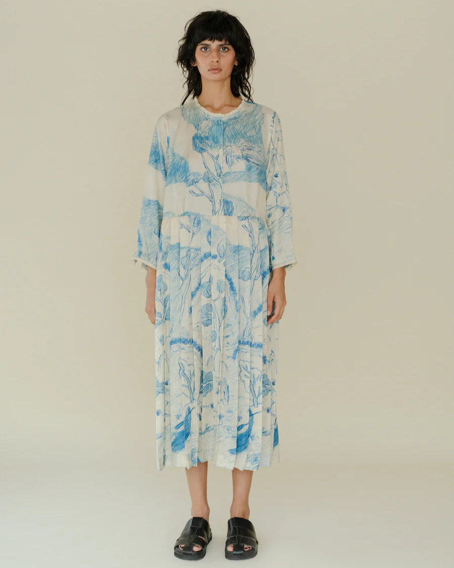 Runaway Bicycle Mel Pleated Blue Printed Dress-Runaway Bicycle-Thistle Hill