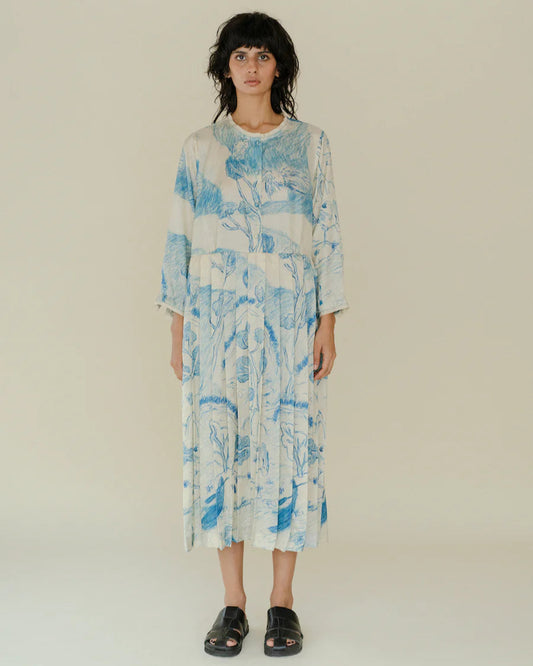 Runaway Bicycle Mel Pleated Blue Printed Dress-Runaway Bicycle-Thistle Hill