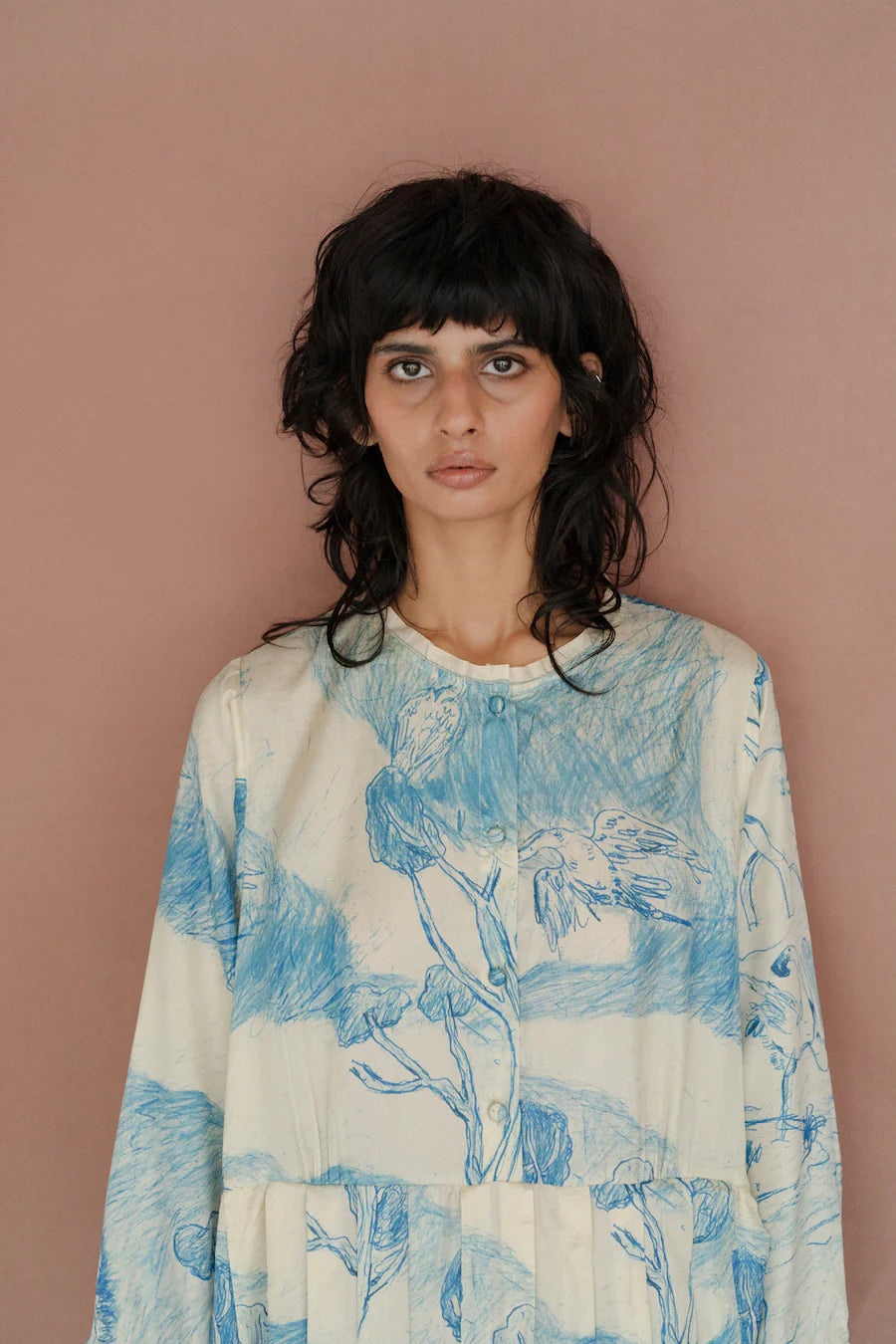 Runaway Bicycle Mel Pleated Blue Printed Dress-Runaway Bicycle-Thistle Hill